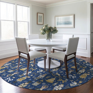 HomeRoots 8' Stylish Navy Blue, Gold, Black & Gray Round Village House Rug – Washable for Indoor & Outdoor Use 621810