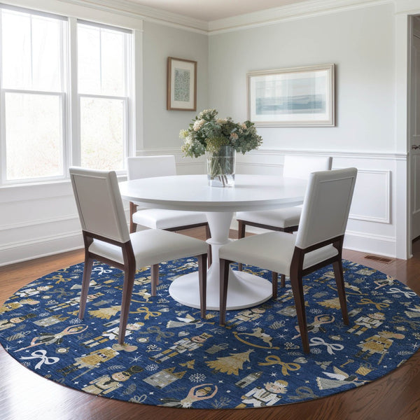 HomeRoots 8' Stylish Navy Blue, Gold, Black & Gray Round Village House Rug – Washable for Indoor & Outdoor Use 621810