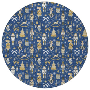 HomeRoots 8' Stylish Navy Blue, Gold, Black & Gray Round Village House Rug – Washable for Indoor & Outdoor Use 621810