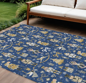 HomeRoots 8' X 10' Washable Area Rug in Navy Blue, Gold, Black & Gray - Durable for Indoor and Outdoor Use 621811