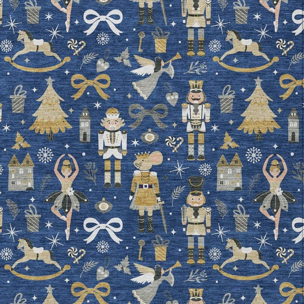 HomeRoots 10' Washable Navy Blue, Gold, Black & Gray Area Rug - Durable Indoor/Outdoor Village House Design 621813