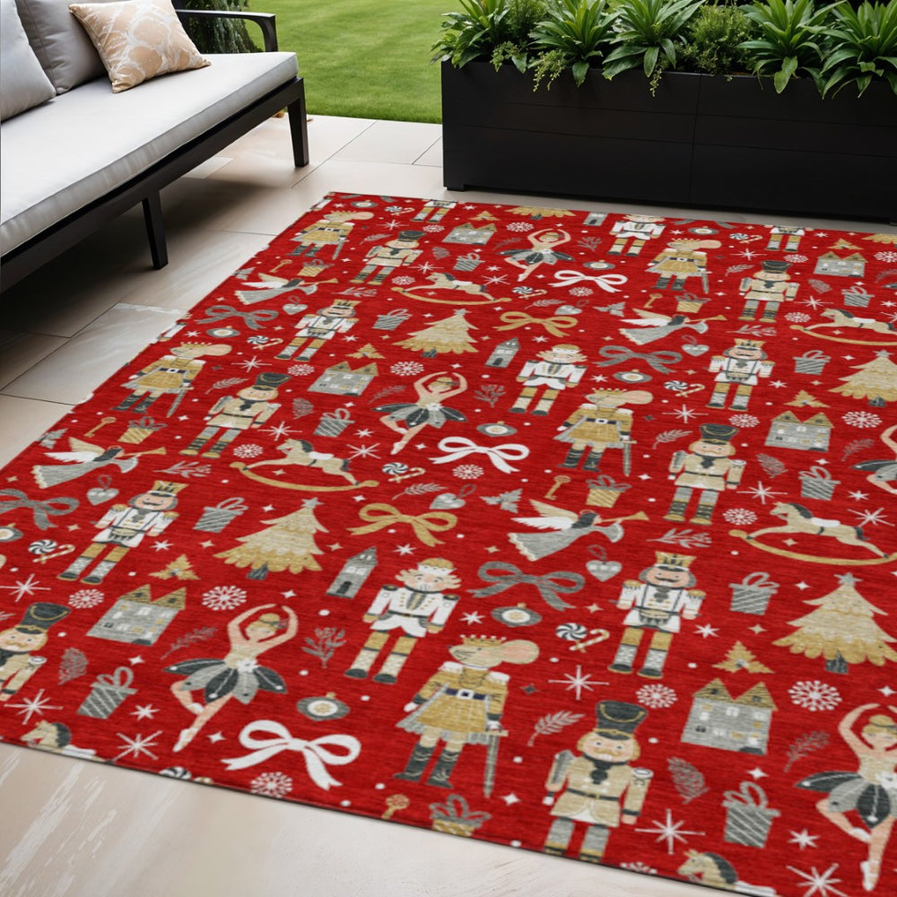 HomeRoots 5' Vibrant Red Gold Black Gray Village House Washable Area Rug for Indoor Outdoor Spaces 621815
