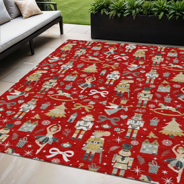HomeRoots 5' Vibrant Red Gold Black Gray Village House Washable Area Rug for Indoor Outdoor Spaces 621815