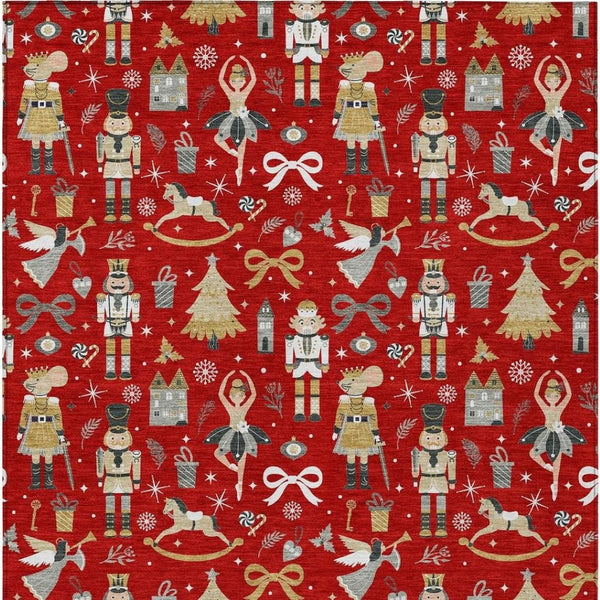 HomeRoots 5' Vibrant Red Gold Black Gray Village House Washable Area Rug for Indoor Outdoor Spaces 621815