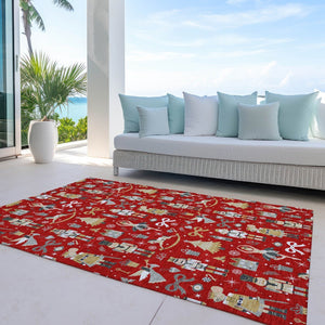 HomeRoots 5' Vibrant Red Gold Black Gray Village House Washable Area Rug for Indoor Outdoor Spaces 621815