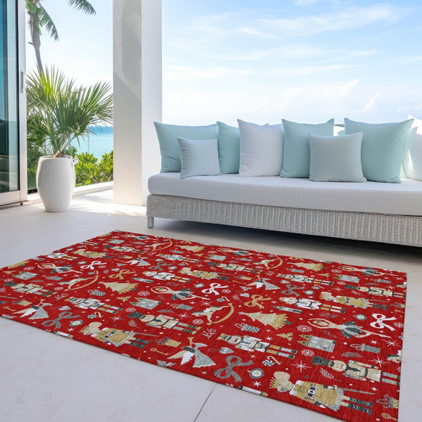 HomeRoots 5' Vibrant Red Gold Black Gray Village House Washable Area Rug for Indoor Outdoor Spaces 621815