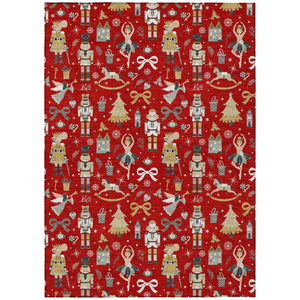 HomeRoots 5' Vibrant Red Gold Black Gray Village House Washable Area Rug for Indoor Outdoor Spaces 621815