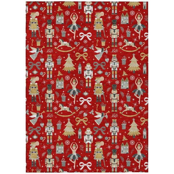 HomeRoots 5' Vibrant Red Gold Black Gray Village House Washable Area Rug for Indoor Outdoor Spaces 621815