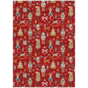 HomeRoots 5' Vibrant Red Gold Black Gray Village House Washable Area Rug for Indoor Outdoor Spaces 621815