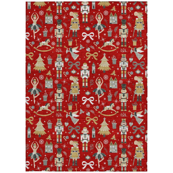 HomeRoots 5' Vibrant Red Gold Black Gray Village House Washable Area Rug for Indoor Outdoor Spaces 621815
