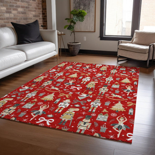 HomeRoots 5' Vibrant Red Gold Black Gray Village House Washable Area Rug for Indoor Outdoor Spaces 621815