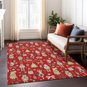 HomeRoots 5' Vibrant Red Gold Black Gray Village House Washable Area Rug for Indoor Outdoor Spaces 621815