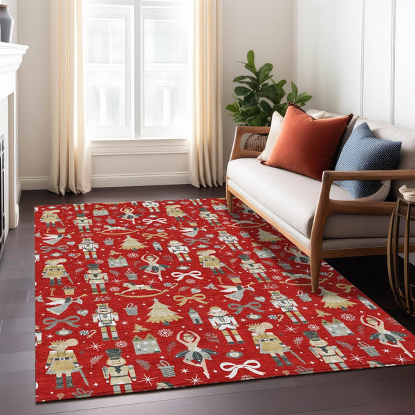HomeRoots 5' Vibrant Red Gold Black Gray Village House Washable Area Rug for Indoor Outdoor Spaces 621815