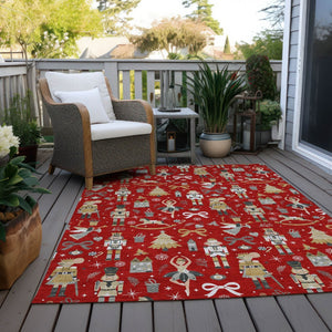 HomeRoots 5' Vibrant Red Gold Black Gray Village House Washable Area Rug for Indoor Outdoor Spaces 621815
