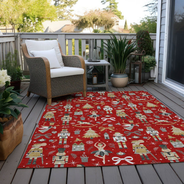 HomeRoots 5' Vibrant Red Gold Black Gray Village House Washable Area Rug for Indoor Outdoor Spaces 621815