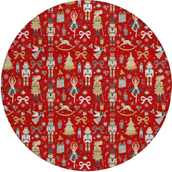 HomeRoots 8' Round Village House Area Rug - Bold Red, Gold, Black & Gray Geometric Design for Indoor/Outdoor Use 621816