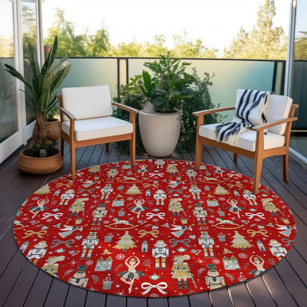 HomeRoots 8' Round Village House Area Rug - Bold Red, Gold, Black & Gray Geometric Design for Indoor/Outdoor Use 621816