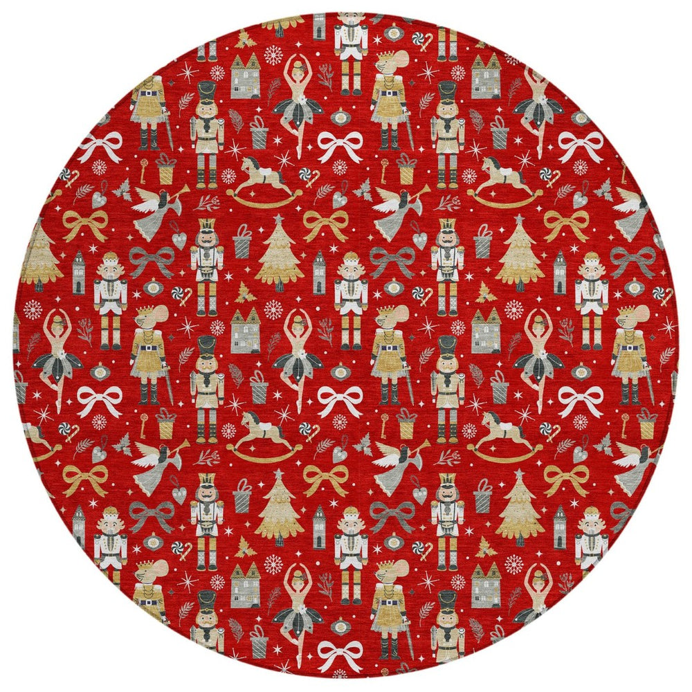 HomeRoots 8' Round Village House Area Rug - Bold Red, Gold, Black & Gray Geometric Design for Indoor/Outdoor Use 621816