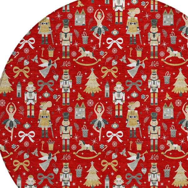 HomeRoots 8' Round Village House Area Rug - Bold Red, Gold, Black & Gray Geometric Design for Indoor/Outdoor Use 621816