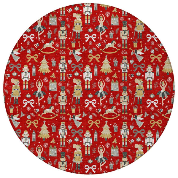 HomeRoots 8' Round Village House Area Rug - Bold Red, Gold, Black & Gray Geometric Design for Indoor/Outdoor Use 621816