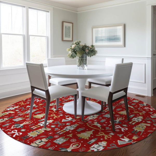 HomeRoots 8' Round Village House Area Rug - Bold Red, Gold, Black & Gray Geometric Design for Indoor/Outdoor Use 621816