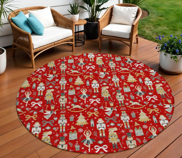 HomeRoots 8' Round Village House Area Rug - Bold Red, Gold, Black & Gray Geometric Design for Indoor/Outdoor Use 621816