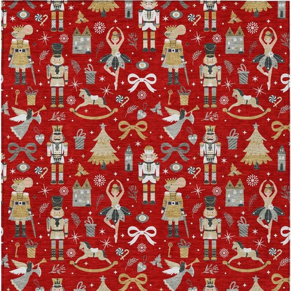 HomeRoots 8' Village House Area Rug in Red, Gold, Black & Gray - Washable, Durable, Indoor/Outdoor Use! 621817