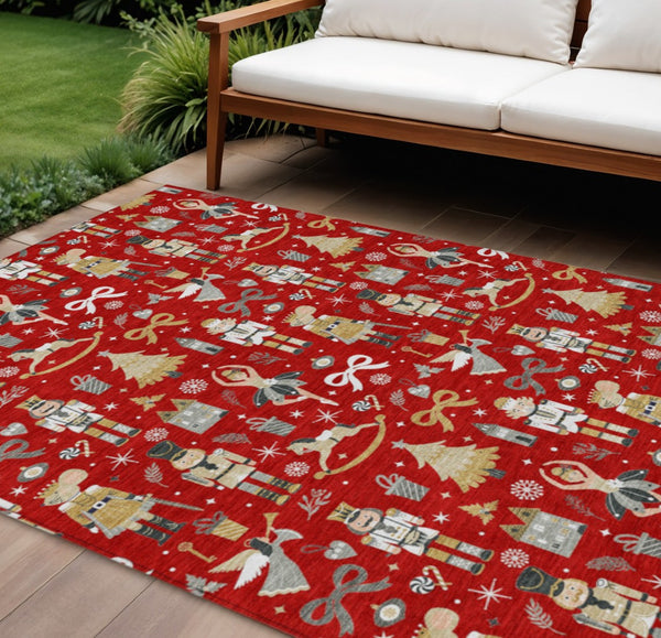 HomeRoots 10' Vibrant Red, Gold, Black & Gray Village House Indoor/Outdoor Area Rug - Durable & Washable Design 621819