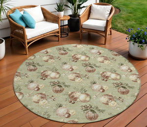 HomeRoots 8' Round Stars Area Rug - Artichoke Green, Brown & Beige - Washable Indoor/Outdoor, Durable & Stylish 621822