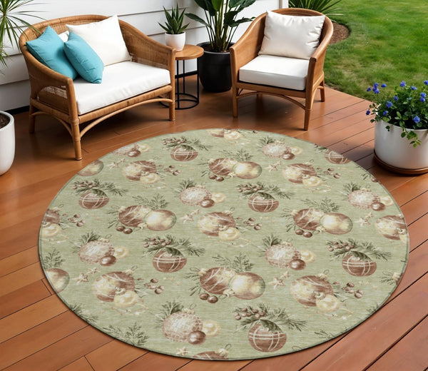 HomeRoots 8' Round Stars Area Rug - Artichoke Green, Brown & Beige - Washable Indoor/Outdoor, Durable & Stylish 621822