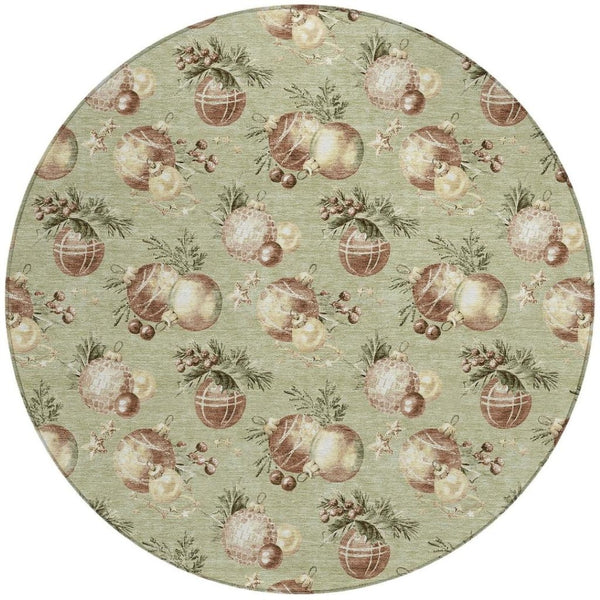 HomeRoots 8' Round Stars Area Rug - Artichoke Green, Brown & Beige - Washable Indoor/Outdoor, Durable & Stylish 621822