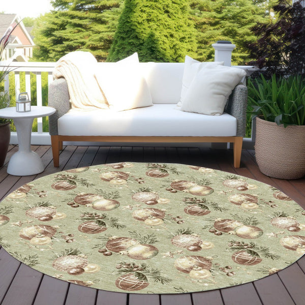HomeRoots 8' Round Stars Area Rug - Artichoke Green, Brown & Beige - Washable Indoor/Outdoor, Durable & Stylish 621822
