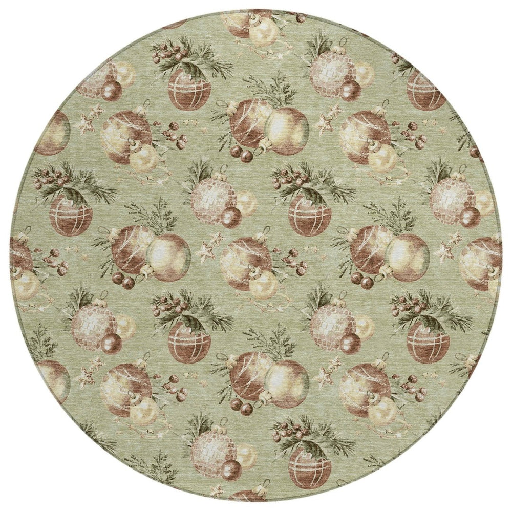HomeRoots 8' Round Stars Area Rug - Artichoke Green, Brown & Beige - Washable Indoor/Outdoor, Durable & Stylish 621822