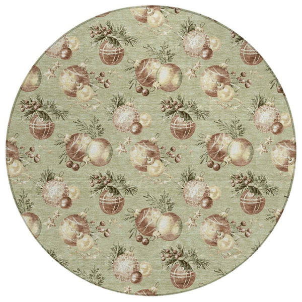HomeRoots 8' Round Stars Area Rug - Artichoke Green, Brown & Beige - Washable Indoor/Outdoor, Durable & Stylish 621822