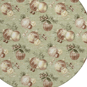 HomeRoots 8' Round Stars Area Rug - Artichoke Green, Brown & Beige - Washable Indoor/Outdoor, Durable & Stylish 621822
