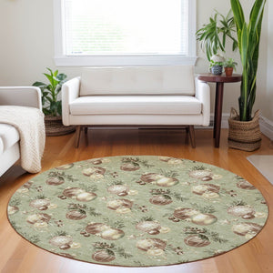HomeRoots 8' Round Stars Area Rug - Artichoke Green, Brown & Beige - Washable Indoor/Outdoor, Durable & Stylish 621822