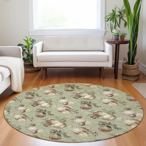 HomeRoots 8' Round Stars Area Rug - Artichoke Green, Brown & Beige - Washable Indoor/Outdoor, Durable & Stylish 621822