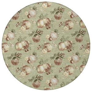 HomeRoots 8' Round Stars Area Rug - Artichoke Green, Brown & Beige - Washable Indoor/Outdoor, Durable & Stylish 621822