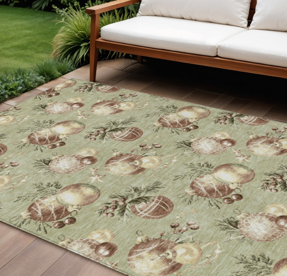 HomeRoots 9' Washable Indoor/Outdoor Area Rug in Artichoke Green & Brown Stars – Durable, Stylish & Versatile! 621824