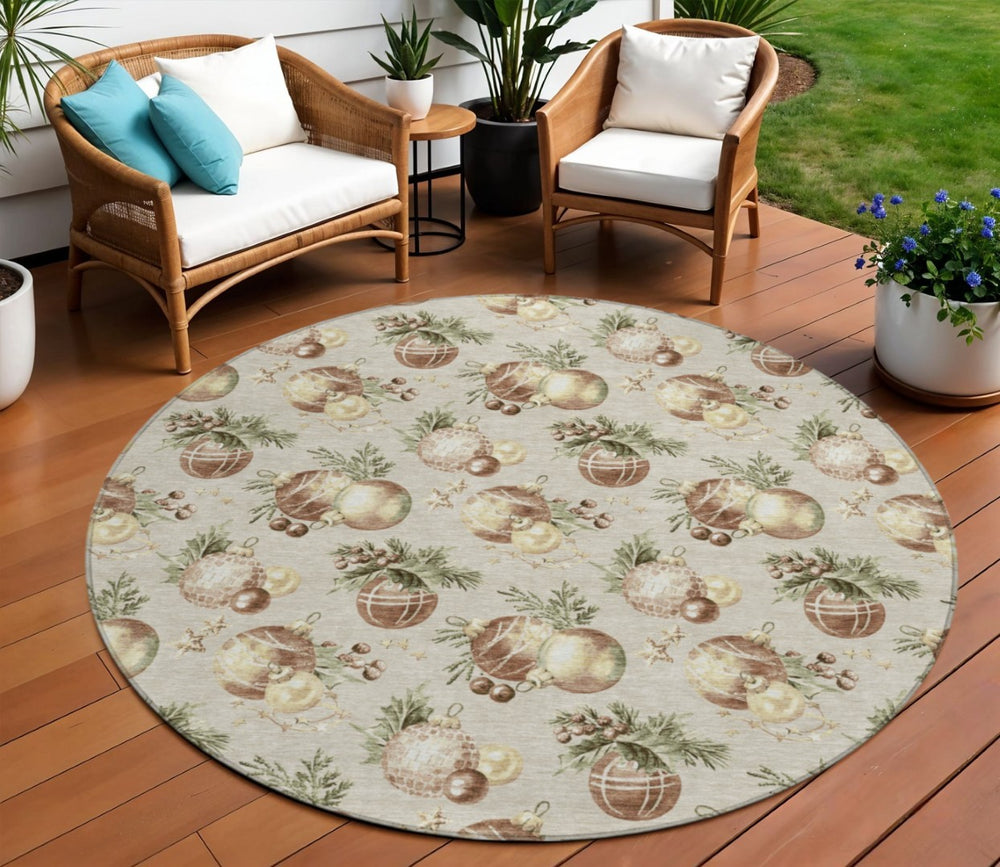 HomeRoots 8' Stylish Beige Brown and Ivory Round Stars Washable Rug for Indoor/Outdoor High-Traffic Areas 621828