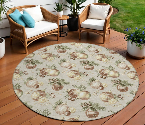 HomeRoots 8' Stylish Beige Brown and Ivory Round Stars Washable Rug for Indoor/Outdoor High-Traffic Areas 621828