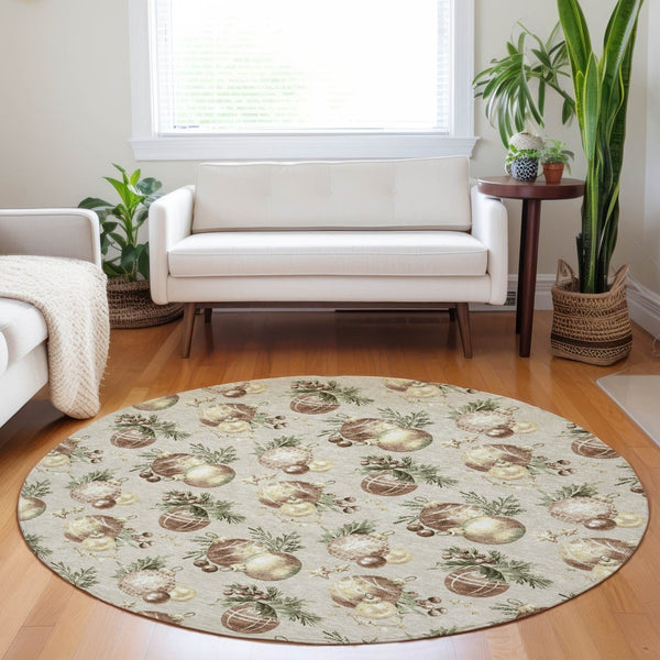 HomeRoots 8' Stylish Beige Brown and Ivory Round Stars Washable Rug for Indoor/Outdoor High-Traffic Areas 621828