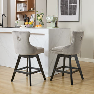 English Elm Swivel Velvet Barstools with Tufted Button Back, 360° Rotate, Plush Foam & Rubberwood Frame Gray W1143P241330