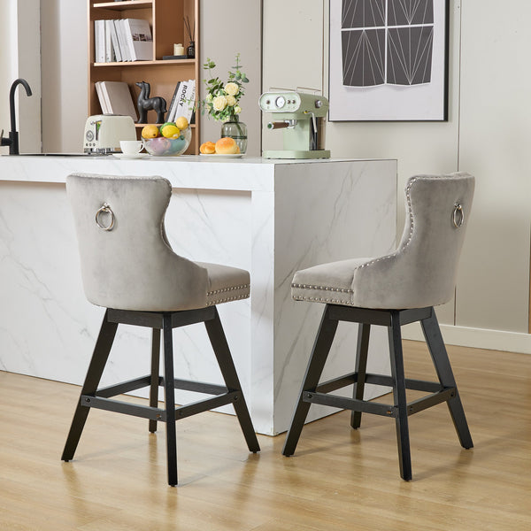 English Elm Swivel Velvet Barstools with Tufted Button Back, 360° Rotate, Plush Foam & Rubberwood Frame Gray W1143P241330