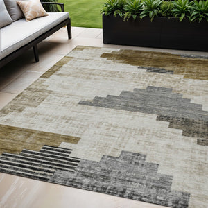 HomeRoots 5' X 8' Modern Geometric Brown Beige Charcoal Washable Area Rug for Indoor & Outdoor Spaces 621905