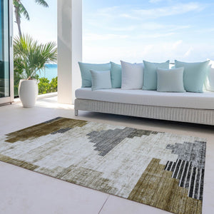 HomeRoots 5' X 8' Modern Geometric Brown Beige Charcoal Washable Area Rug for Indoor & Outdoor Spaces 621905
