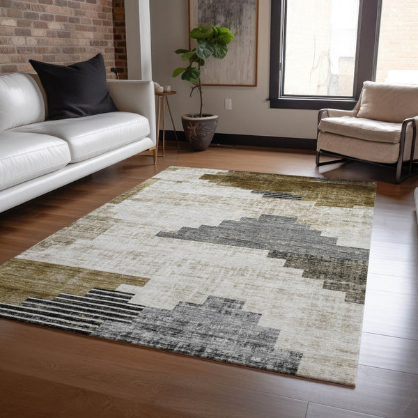 HomeRoots 5' X 8' Modern Geometric Brown Beige Charcoal Washable Area Rug for Indoor & Outdoor Spaces 621905