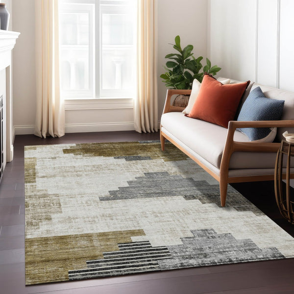 HomeRoots 5' X 8' Modern Geometric Brown Beige Charcoal Washable Area Rug for Indoor & Outdoor Spaces 621905