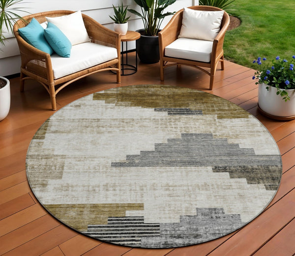 HomeRoots 8' Round Geometric Area Rug in Brown, Beige & Charcoal - Durable, Washable for Indoor & Outdoor Use 621906