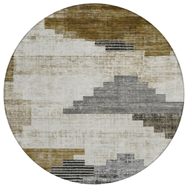 HomeRoots 8' Round Geometric Area Rug in Brown, Beige & Charcoal - Durable, Washable for Indoor & Outdoor Use 621906
